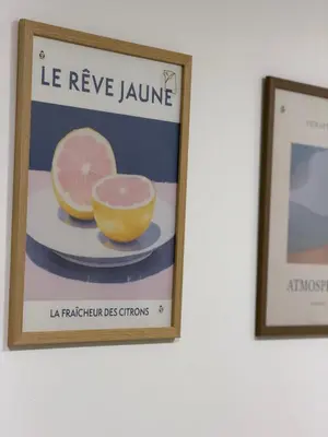 a framed picture of a grapefruit bowl on a plate at Botev MiniHub Hub 1 Modern Studio at Botev 88 in Sofia