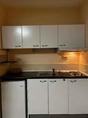 a kitchen with white cabinets and a sink at Green Point Apartment A18 in Pamporovo