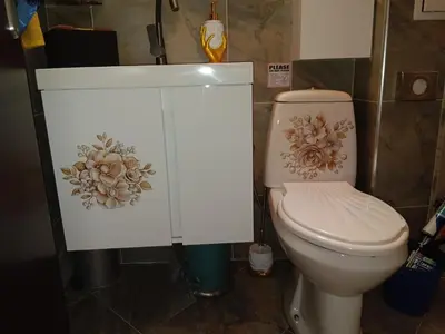 a bathroom with a toilet with flowers painted on it at Аppartment Dreams in Pamporovo