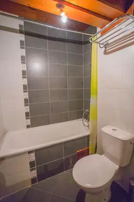 a bathroom with a toilet and a bath tub at Stylish Two-Level Apartment in Bansko by Flat Mаnаger in Blagoevgrad