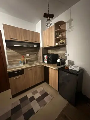 a kitchen with wooden cabinets and a black refrigerator at Winter Lotos Apartment Pamporovo in Pamporovo