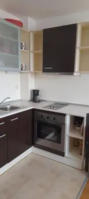 a kitchen with a stove and a sink at Апартамент Kosara 44 in Bansko