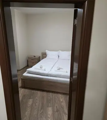a bed in a small room with a mirror at Апартаменти Шадравана in Samokov