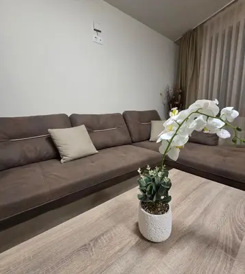 a living room with a brown couch and a vase with flowers at Апартаменти Шадравана in Samokov