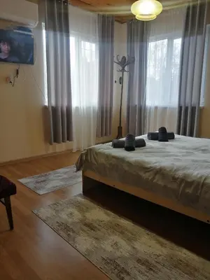 a bedroom with a bed and a large window at Уют in Haskovo