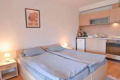 a small bedroom with a bed and a kitchen at Aspen Resort Studio Cozy & Fully Equipped by Flat Manаger in Bansko