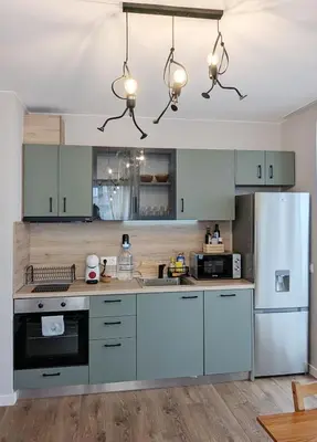 a kitchen with green cabinets and a refrigerator at Olive Urban Apartment, Free Parking in Sofia