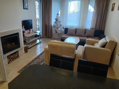a living room with a couch and a fireplace at Grand Monastery apt Emo Pamporovo in Smolyan