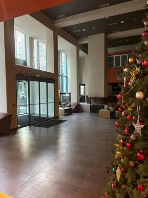 a christmas tree in the middle of a lobby at Chamkoria Borovets luxury apartment view in Borovets