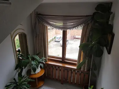 a window with curtains and plants in a room at Hotel Mishel in Kocherinovo