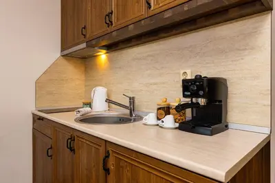a kitchen counter with a sink and a coffee maker at Vacation Apartment in Starosel complex in Starosel