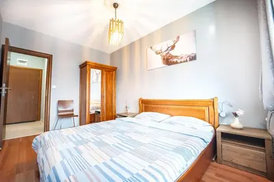 a bedroom with a bed with a striped comforter at 400m from Ski Belvedere Apartment - Free Parking - SPA in Bansko
