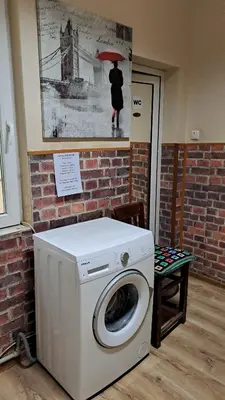 a washing machine in a room with a picture of a woman with an umbrella at Guest House The House in Plovdiv