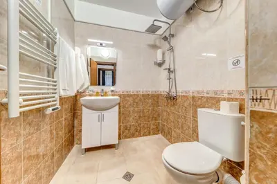 a bathroom with a toilet and a sink at Warm Mountain Hideout in Pamporovo