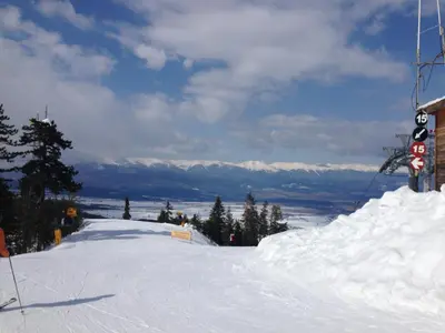a snow covered slope with trees and mountains in the distance at Evergreen Private Apartment 303 in Bansko