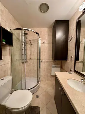 a bathroom with a shower and a toilet and a sink at Kosara Apartment Home2Host in Bansko