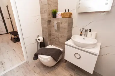 a bathroom with a white toilet and a sink at Domus Apartments Vista in Plovdiv