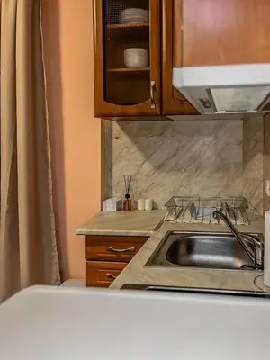 a kitchen with a sink and a microwave at Fireplace Apartment near Bus & Train Station in Bansko