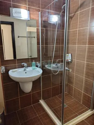 a bathroom with a shower and a sink at Family Apartment Royal Tower in Bansko