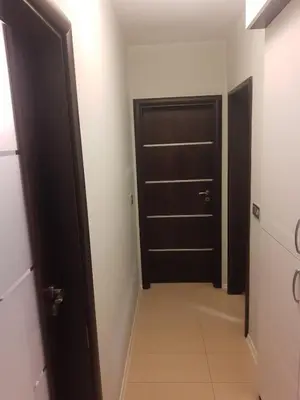 a hallway with a black door in a room at Apartment near Bulgaria Boulevard in Sofia
