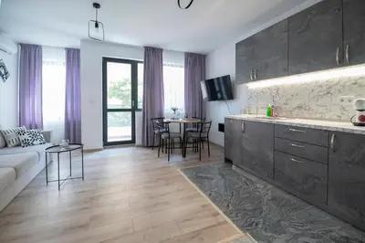 a kitchen and living room with a couch and a table at Apartment By The River 5 in Plovdiv