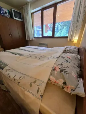 a bed in a room with a window at Lucky SP apartments -Pamporovo in Bŭnzareto