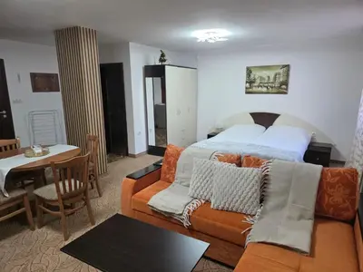 a bedroom with a bed and a couch and a table at TMF Mountain Lodge Cozy Studio apartment in Pamporovo