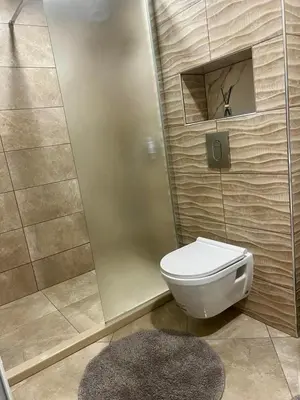 a bathroom with a toilet and a shower and a rug at Raya - Apartmant in Plovdiv, with private parking in Plovdiv