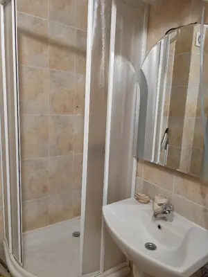 a bathroom with a sink and a shower at Замъка in Pamporovo