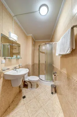 a bathroom with a sink and a toilet and a shower at Two-bedroom Apartment in the Heart of the Rhodopes in Pamporovo
