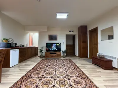 a large living room with a tv and a rug at PIRIN GOLF DELUXE PRIVATE STUDIO GABBY ground floor in Bansko