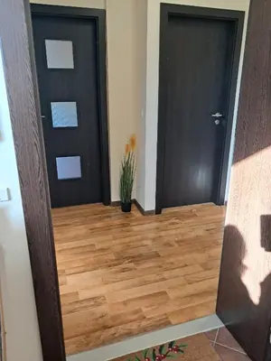 two black doors in a hallway with wood floors at Apartment Kapina in Pamporovo