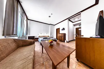 a living room with a couch and a table at Спа Хотел Орфей in Devin
