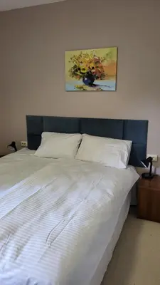 a bedroom with a white bed with a blue headboard at Apartments Pamporovo, Green life apartment hotel in Pamporovo