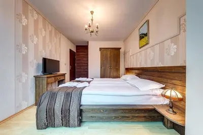 a bedroom with a large bed and a television at Апартамент Orpheus Forest in Pamporovo