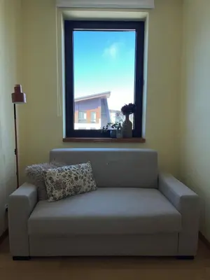 a couch in a living room with a window at Rilets Studio in Borovets
