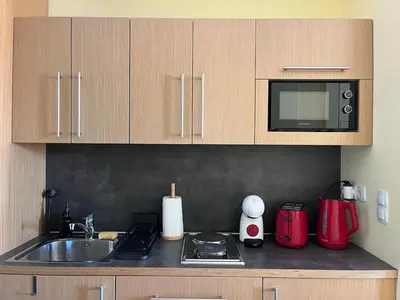 a kitchen counter with a sink and a microwave at Rilets Studio in Borovets