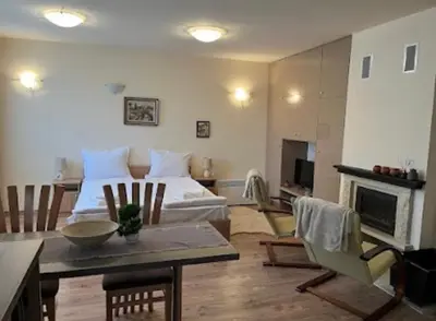 a bedroom with a bed and a living room at Апартаменти за гости Алекс in Pamporovo