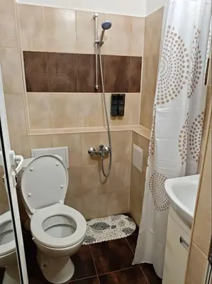 a small bathroom with a toilet and a shower at Apartment M 1 in Plovdiv