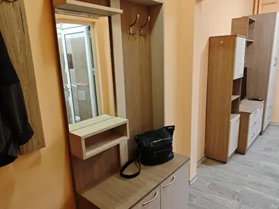 a closet with a mirror and a purse on a counter at Apartment M 1 in Plovdiv
