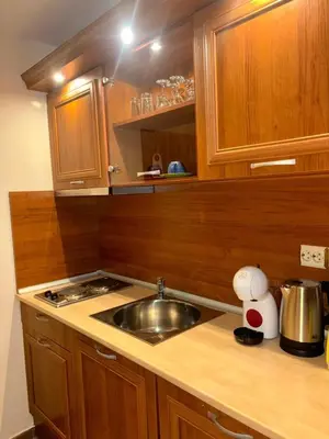 a kitchen with a sink and a counter top at Еmerald Apartment Complex in Bansko