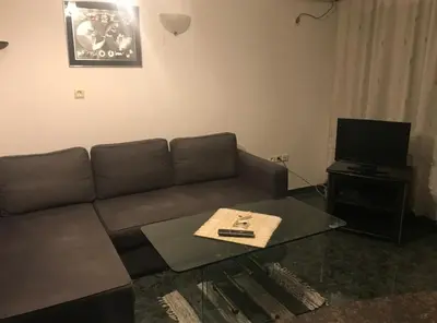 a living room with a couch and a tv at EAST Spacious and Comfort Apartment in the best suburb in Sofia in Sofia