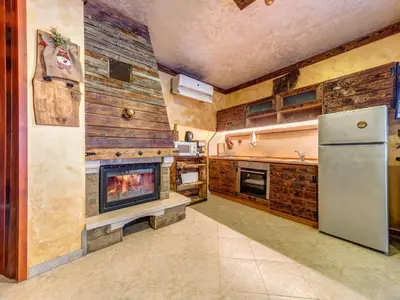 a kitchen with a refrigerator and a fireplace at Raikovski Livadi Mountain Villas Pamporovo in Smolyan