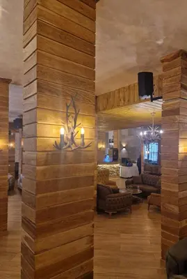 a living room with a wall of wood at WoodLux in Pamporovo