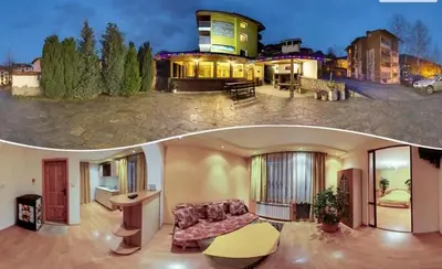 two pictures of a house with a couch in front at Royal Apartment in Smolyan