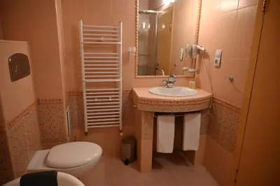 a bathroom with a sink and a toilet and a mirror at Family Hotel Lazur in Kyustendil