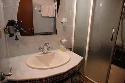 a bathroom with a sink and a shower at Family Hotel Lazur in Kyustendil