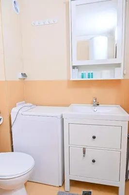 a bathroom with a toilet and a sink and a mirror at Comfortable 1-Bedroom Apartments in Bansko - Close to Gondola by Flat Mаnаger in Bansko