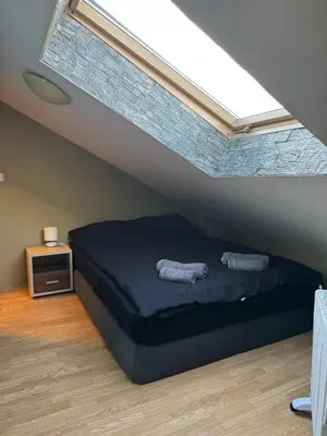 a bedroom with a bed under a roof with a skylight at Belmont Apartment in Bansko