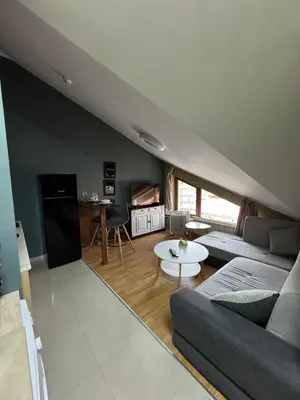 a living room with a couch and a table at Belmont Apartment in Bansko